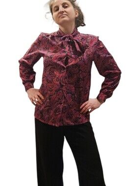 Vintage Act III Paisley Tie Neck Pussybow Blouse Pink Purple Size 12 Made in USA